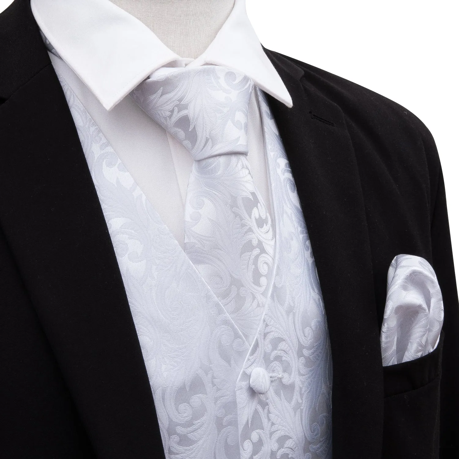 Men's  White Silk Vest Necktie Pocket square Cufflinks