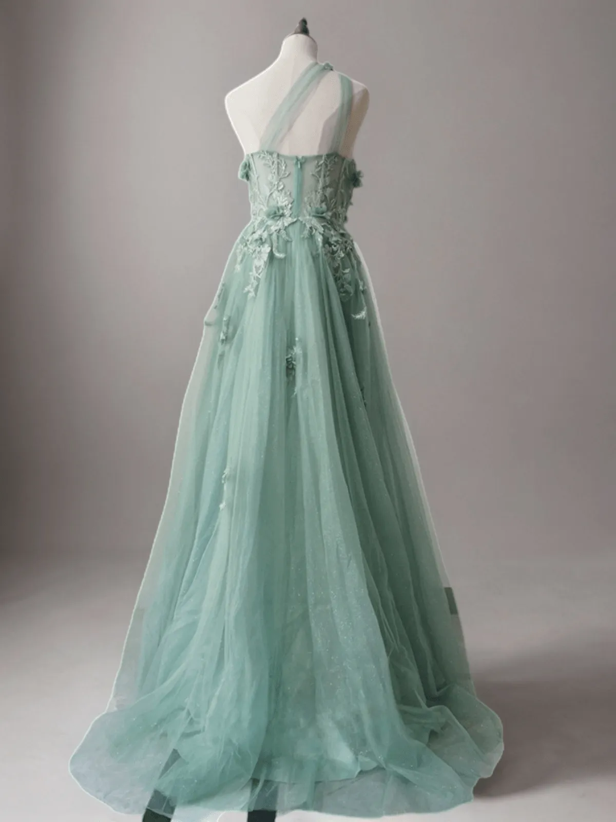 Mint Green Floral Applique Tulle Dress - Elegant One-Shoulder and Beaded Evening Gown Plus Size