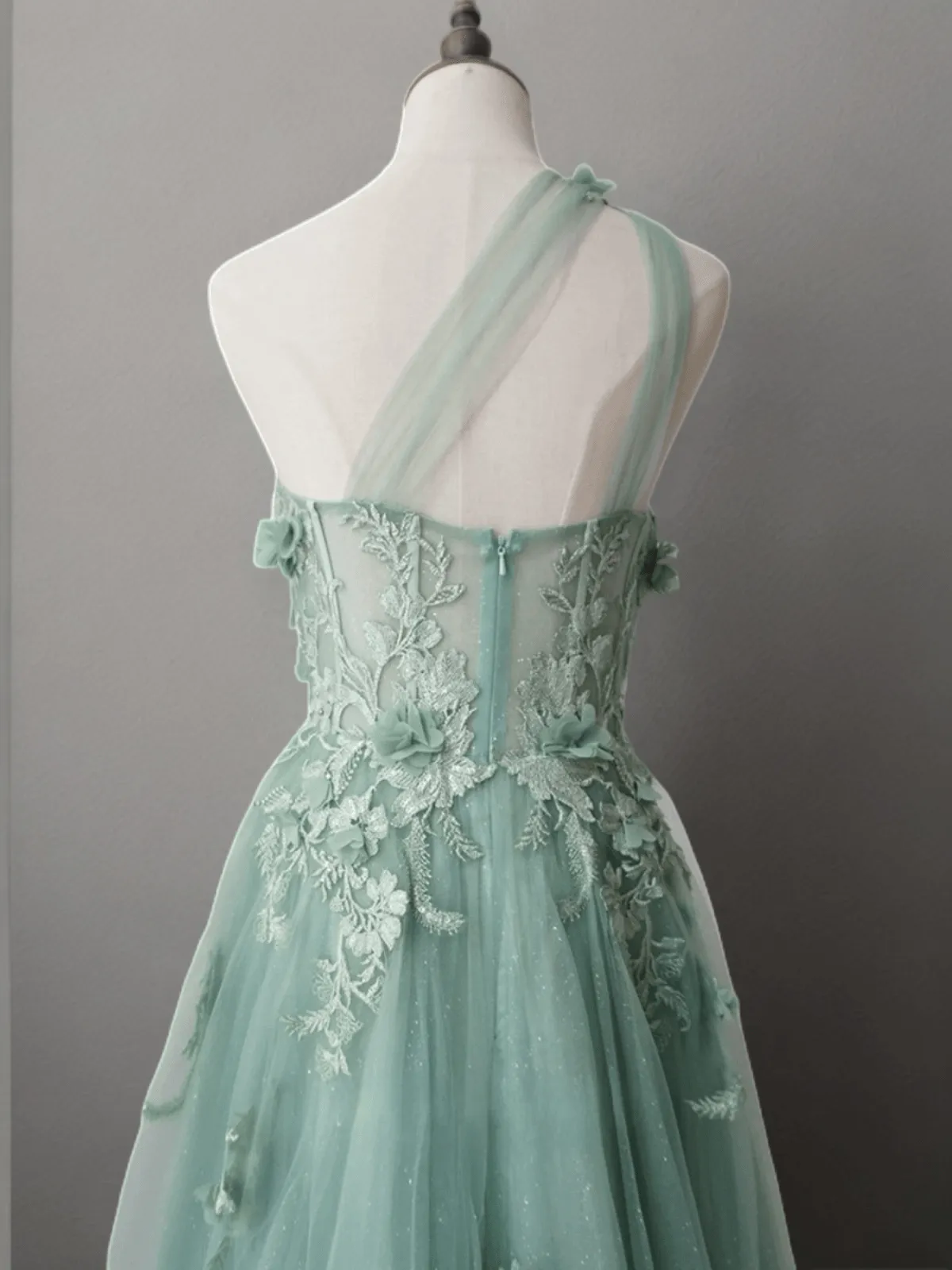 Mint Green Floral Applique Tulle Dress - Elegant One-Shoulder and Beaded Evening Gown Plus Size