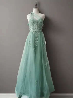 Mint Green Floral Applique Tulle Dress - Elegant One-Shoulder and Beaded Evening Gown Plus Size