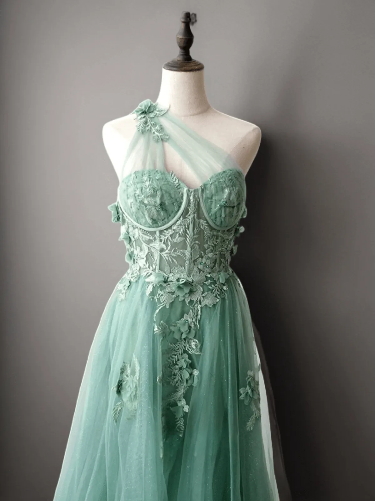 Mint Green Floral Applique Tulle Dress - Elegant One-Shoulder and Beaded Evening Gown Plus Size