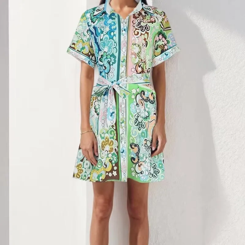 Miranda Floral Prints Belted Mini Shirt Dress