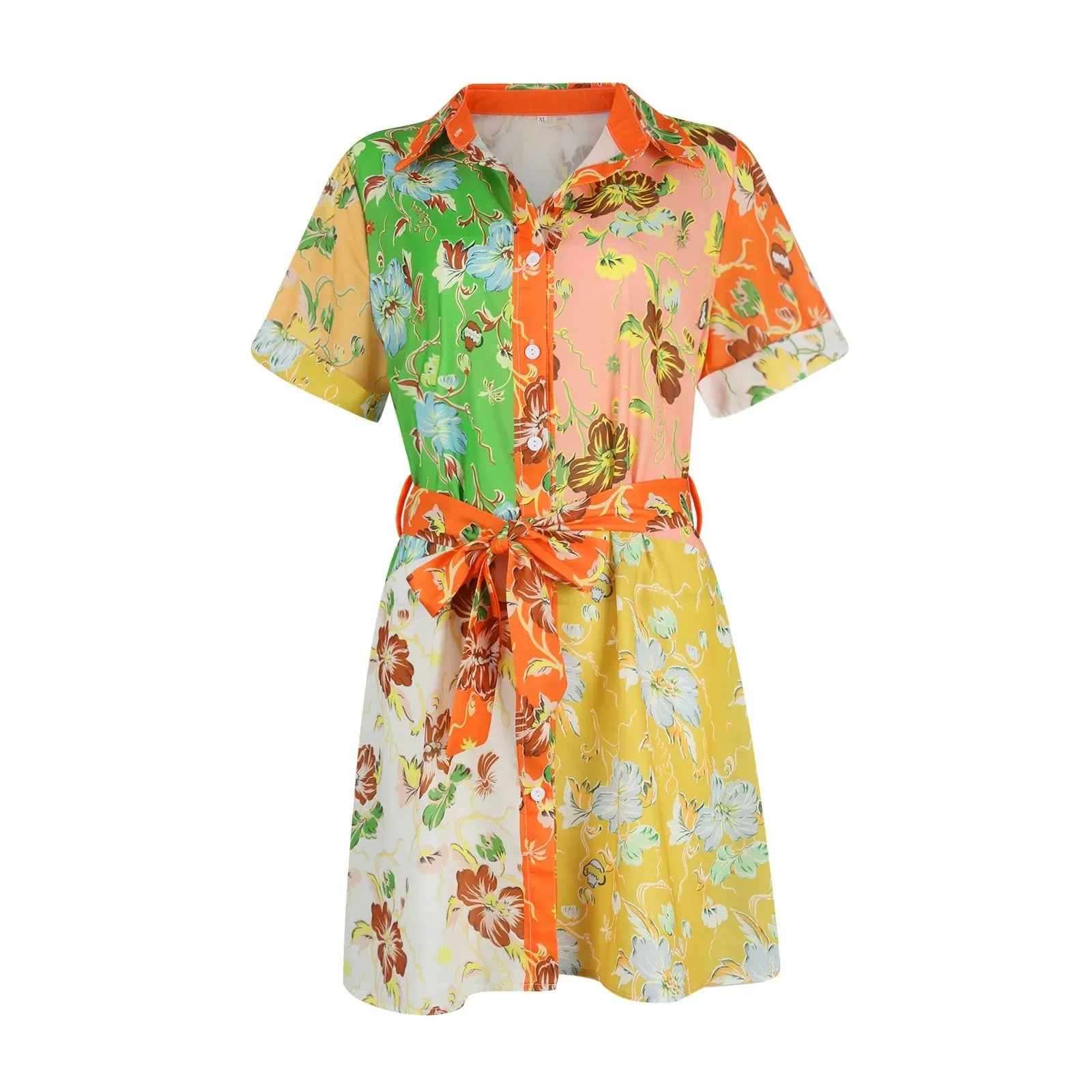 Miranda Floral Prints Belted Mini Shirt Dress