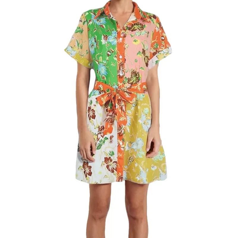 Miranda Floral Prints Belted Mini Shirt Dress