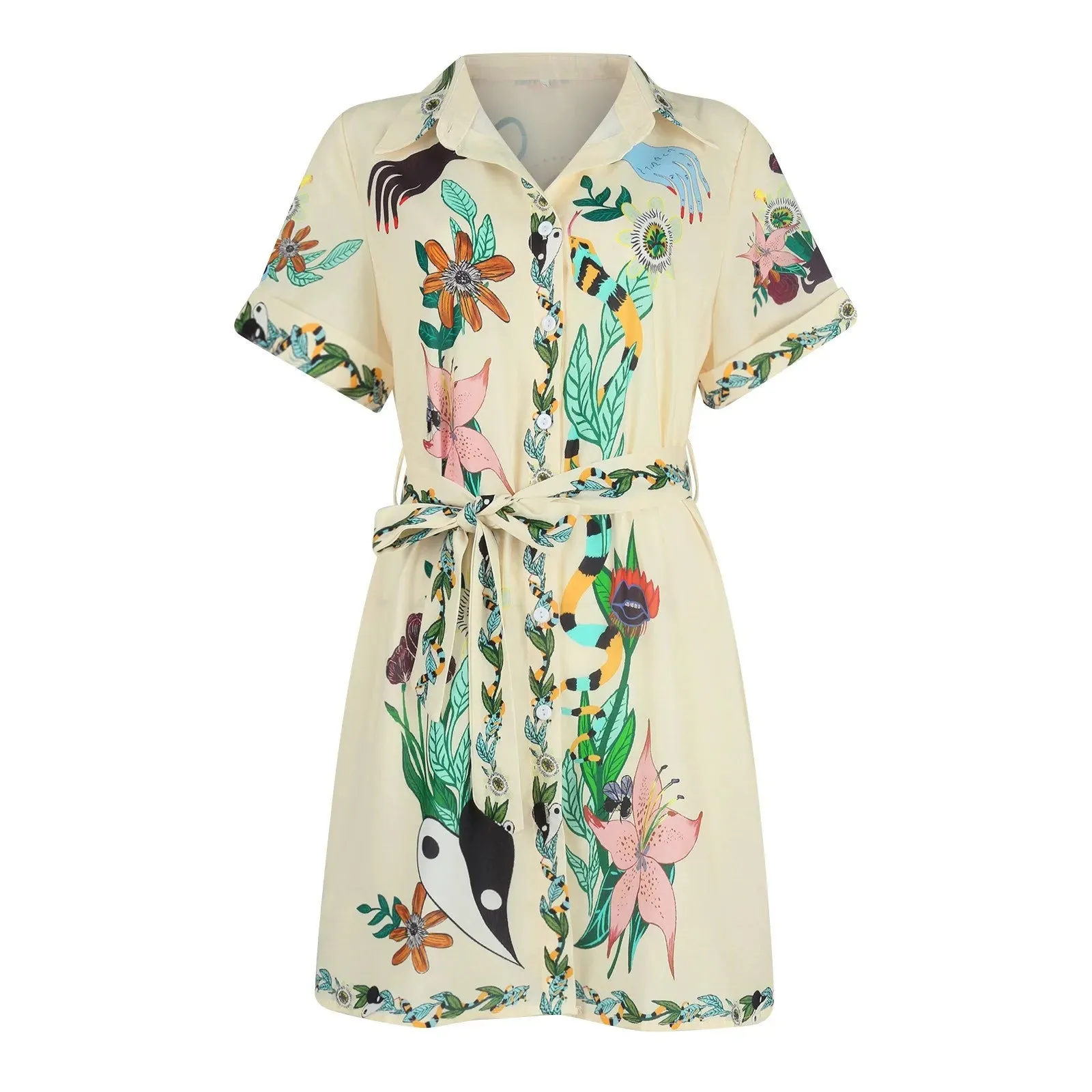 Miranda Floral Prints Belted Mini Shirt Dress