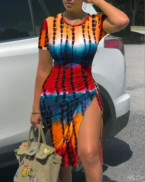 Multicolor Tie Dye Print Drawstring Ruched High Slit Dress