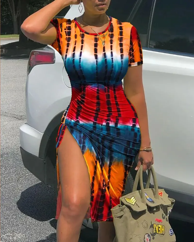 Multicolor Tie Dye Print Drawstring Ruched High Slit Dress