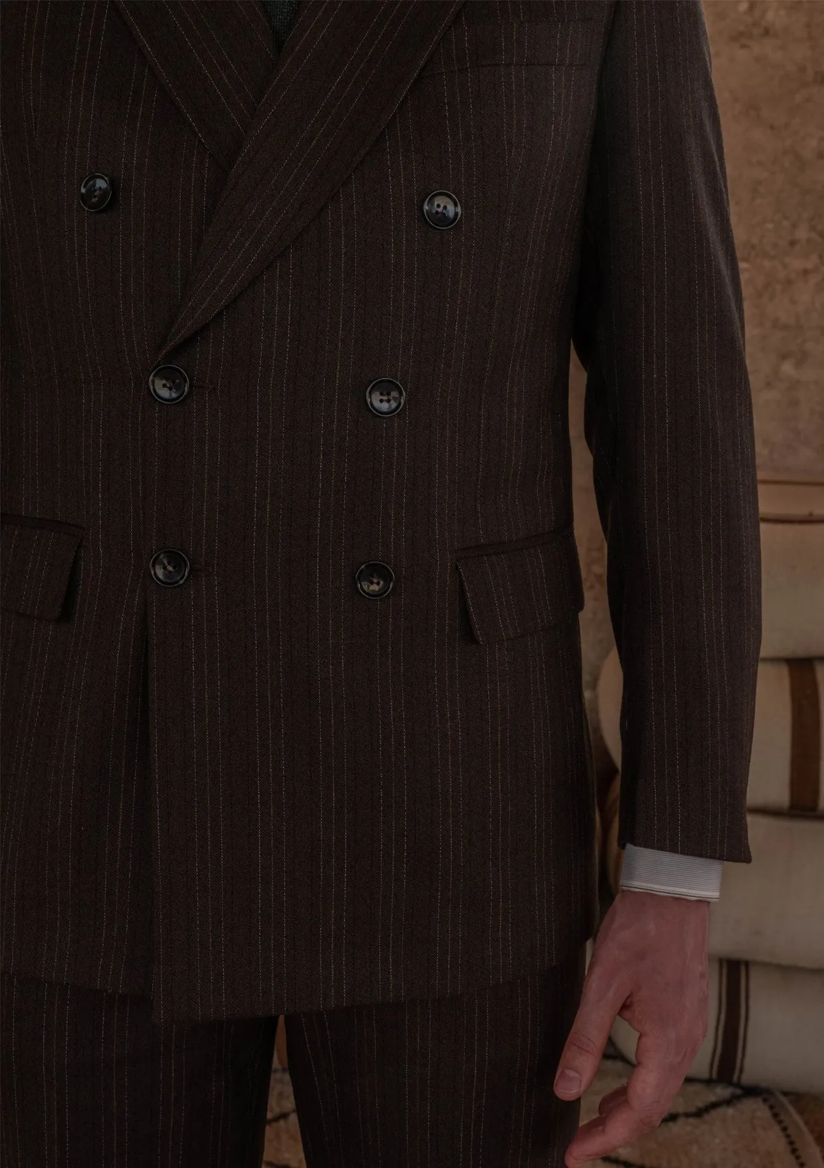 Munro Double Breasted Lightweight Jacket - Desert Sand Pinstripe