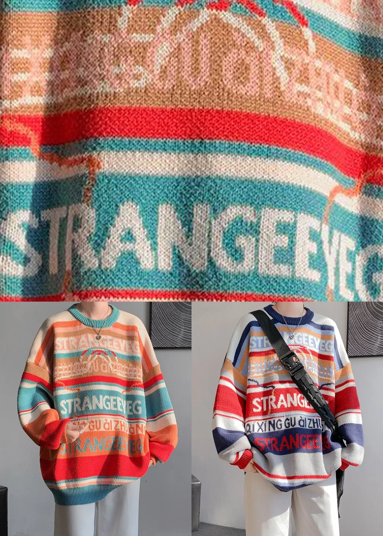 Navy Letter Patchwork Knit Men Sweater O Neck Winter RC033