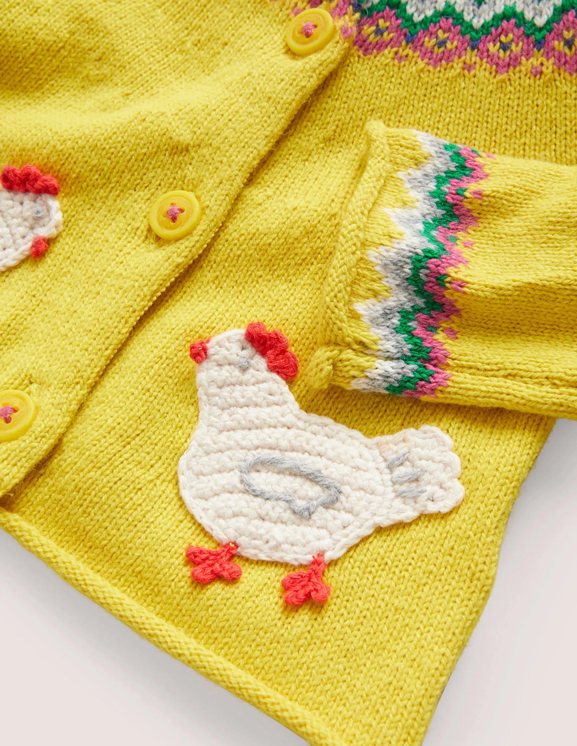 Novelty Fair Isle Cardigan-Sweetcorn Yellow Fairisle Hens
