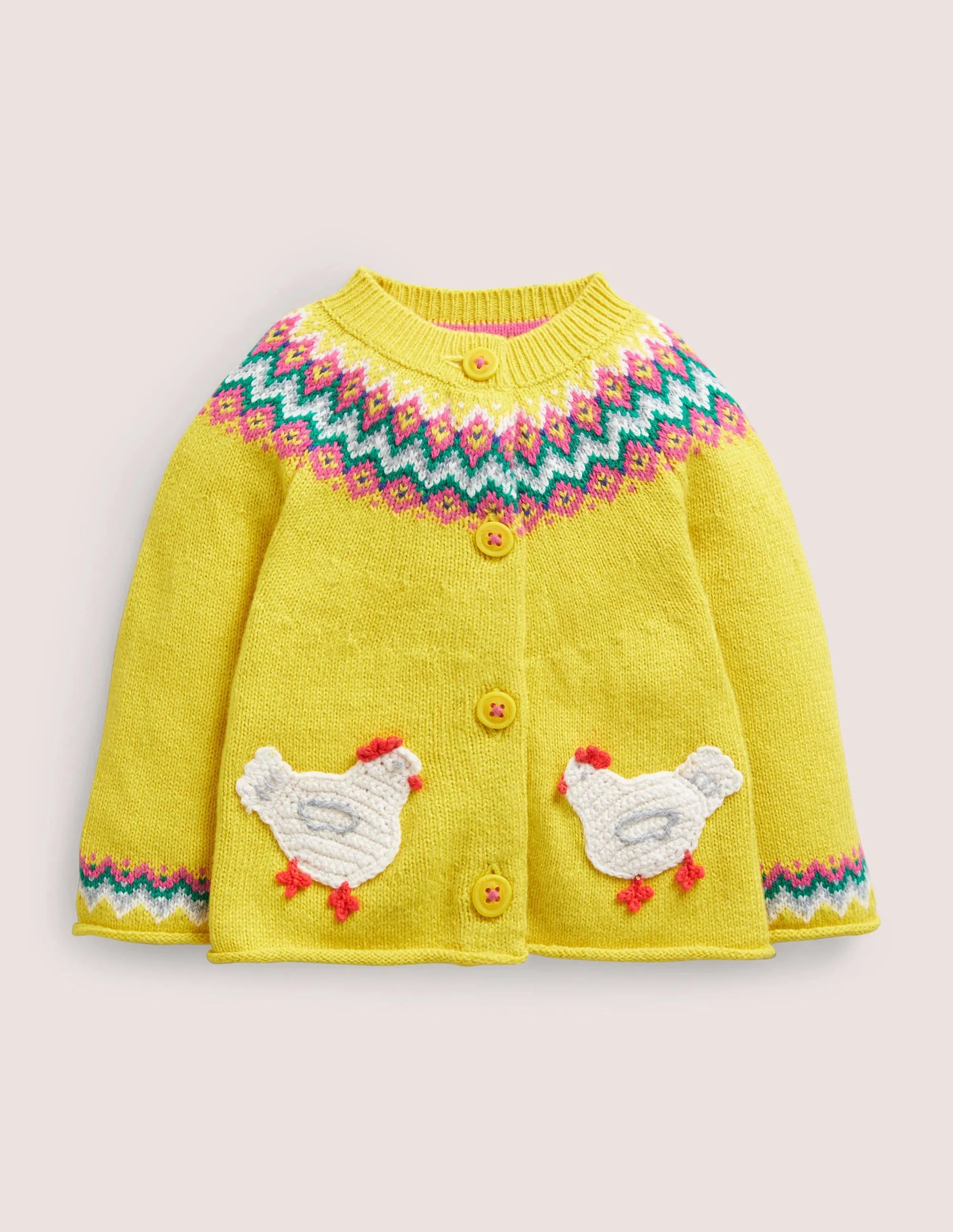 Novelty Fair Isle Cardigan-Sweetcorn Yellow Fairisle Hens
