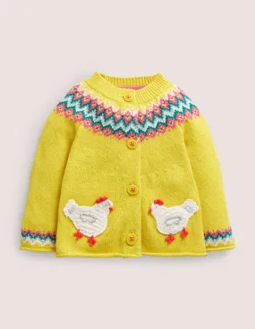 Novelty Fair Isle Cardigan-Sweetcorn Yellow Fairisle Hens