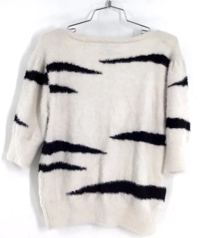 NWT Michael Stars Women's White Black Elbow Sleeve Tiger Pullover Sweater - Sz L