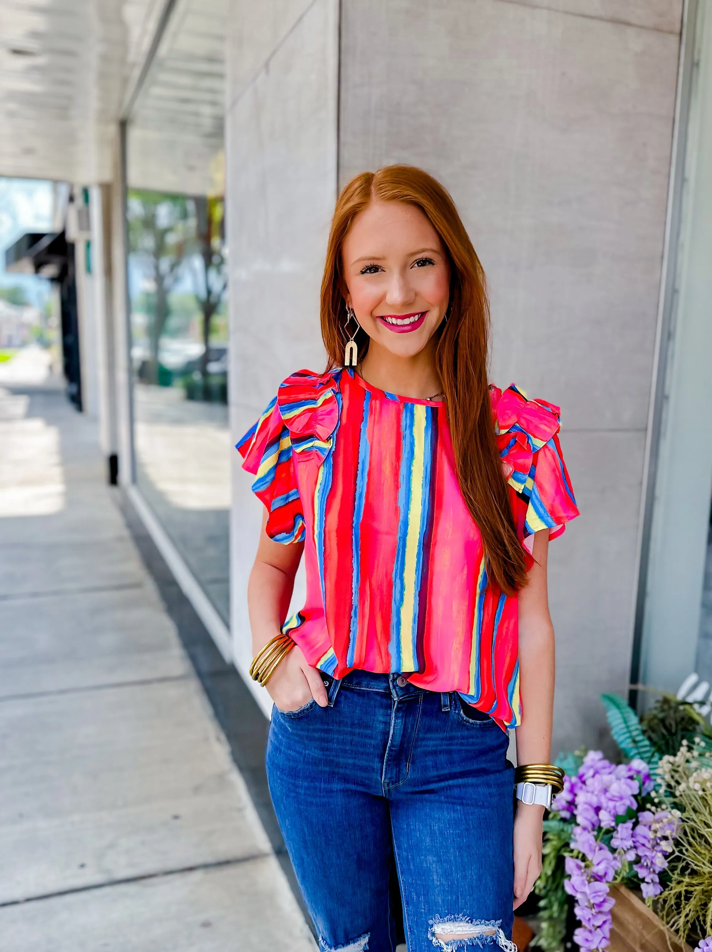 Orange Stripe Ruffle Sleeve Top