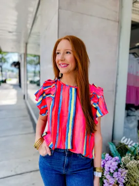 Orange Stripe Ruffle Sleeve Top