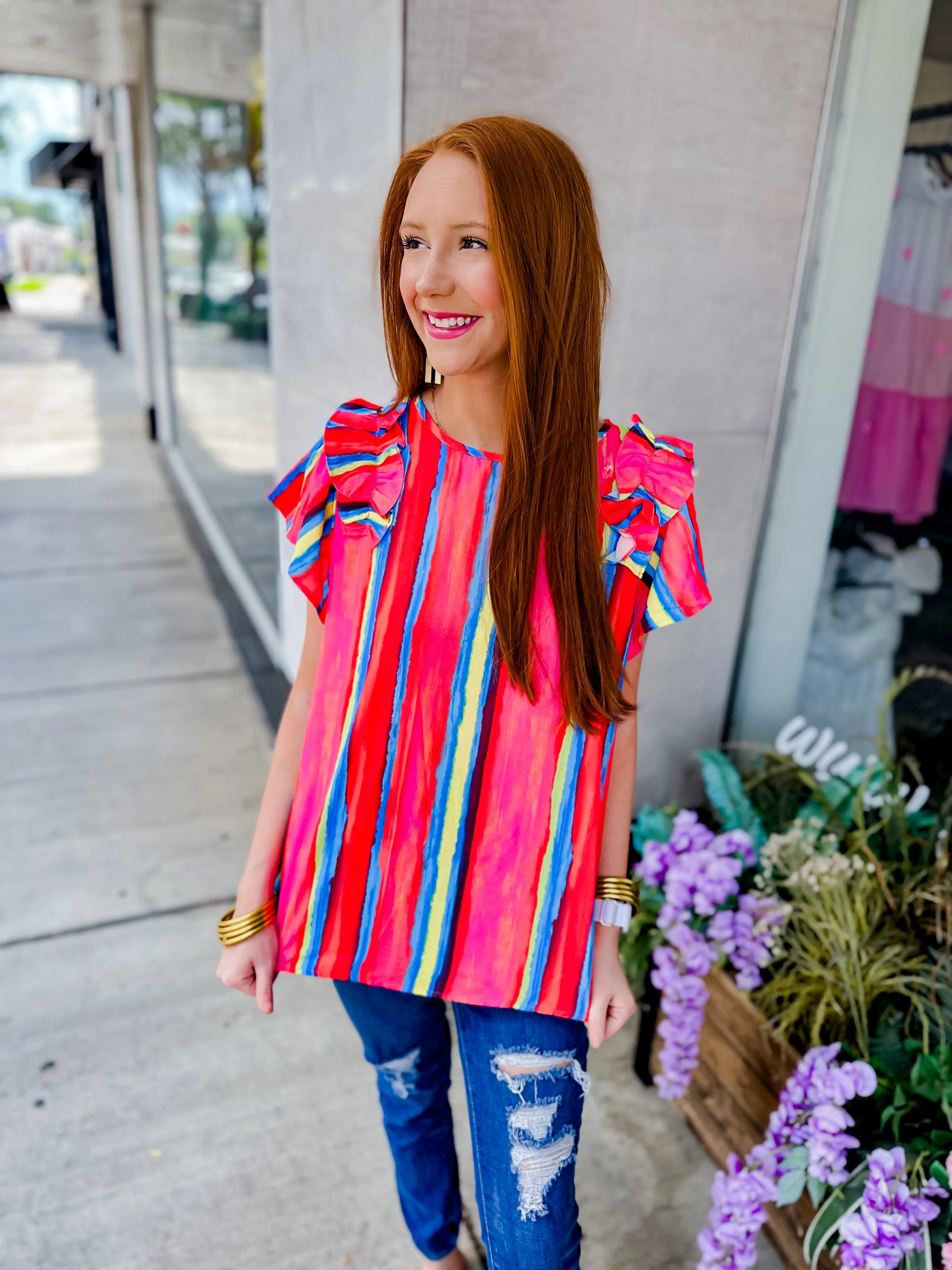 Orange Stripe Ruffle Sleeve Top