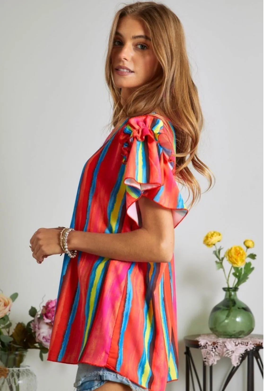 Orange Stripe Ruffle Sleeve Top