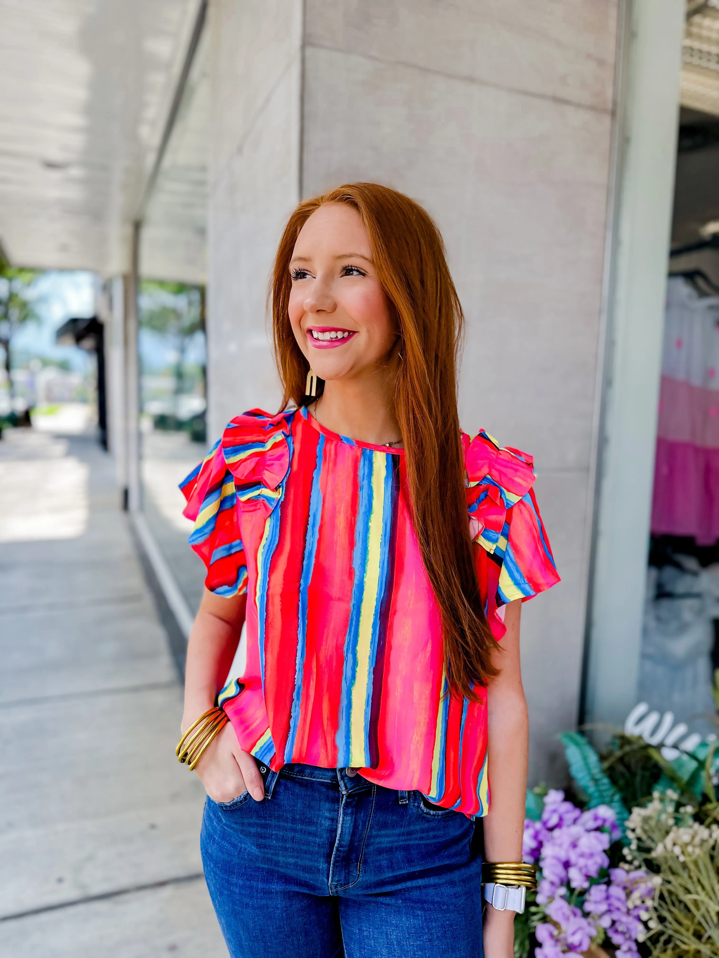 Orange Stripe Ruffle Sleeve Top