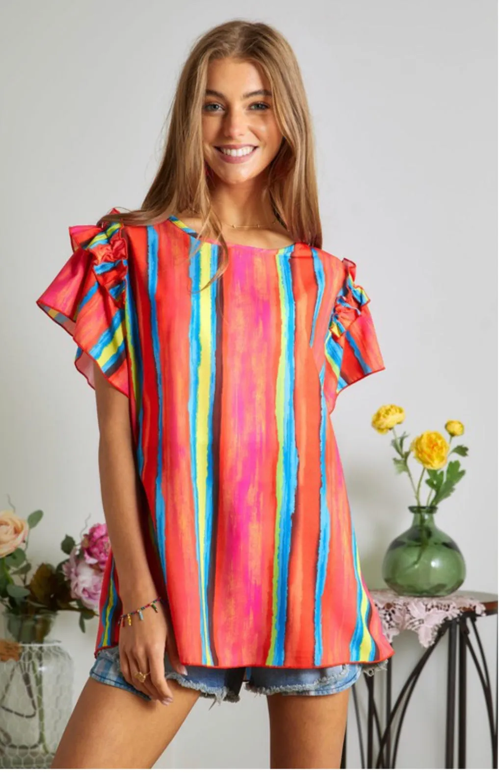 Orange Stripe Ruffle Sleeve Top