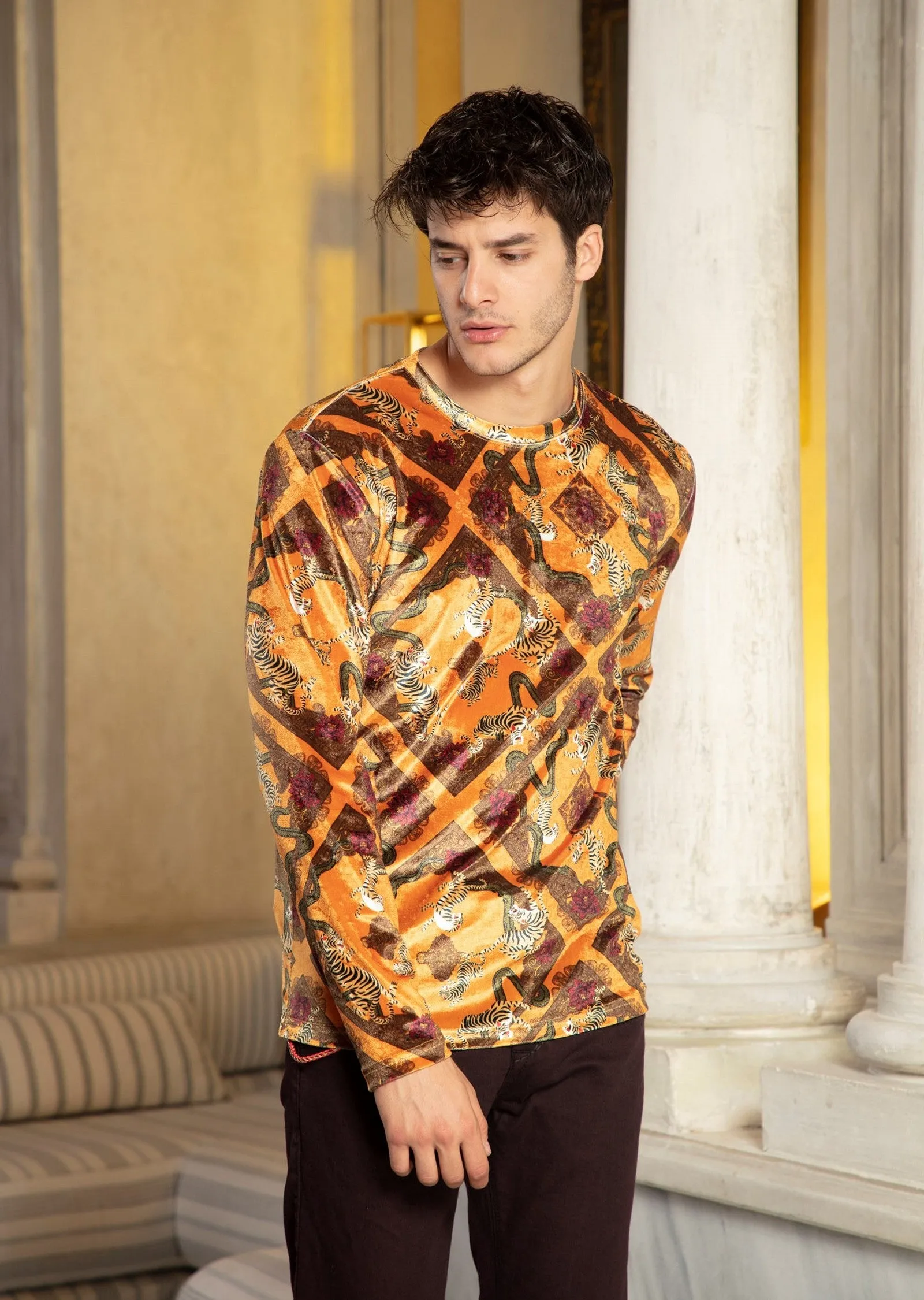 Orange Tiger Print Velour Sweater