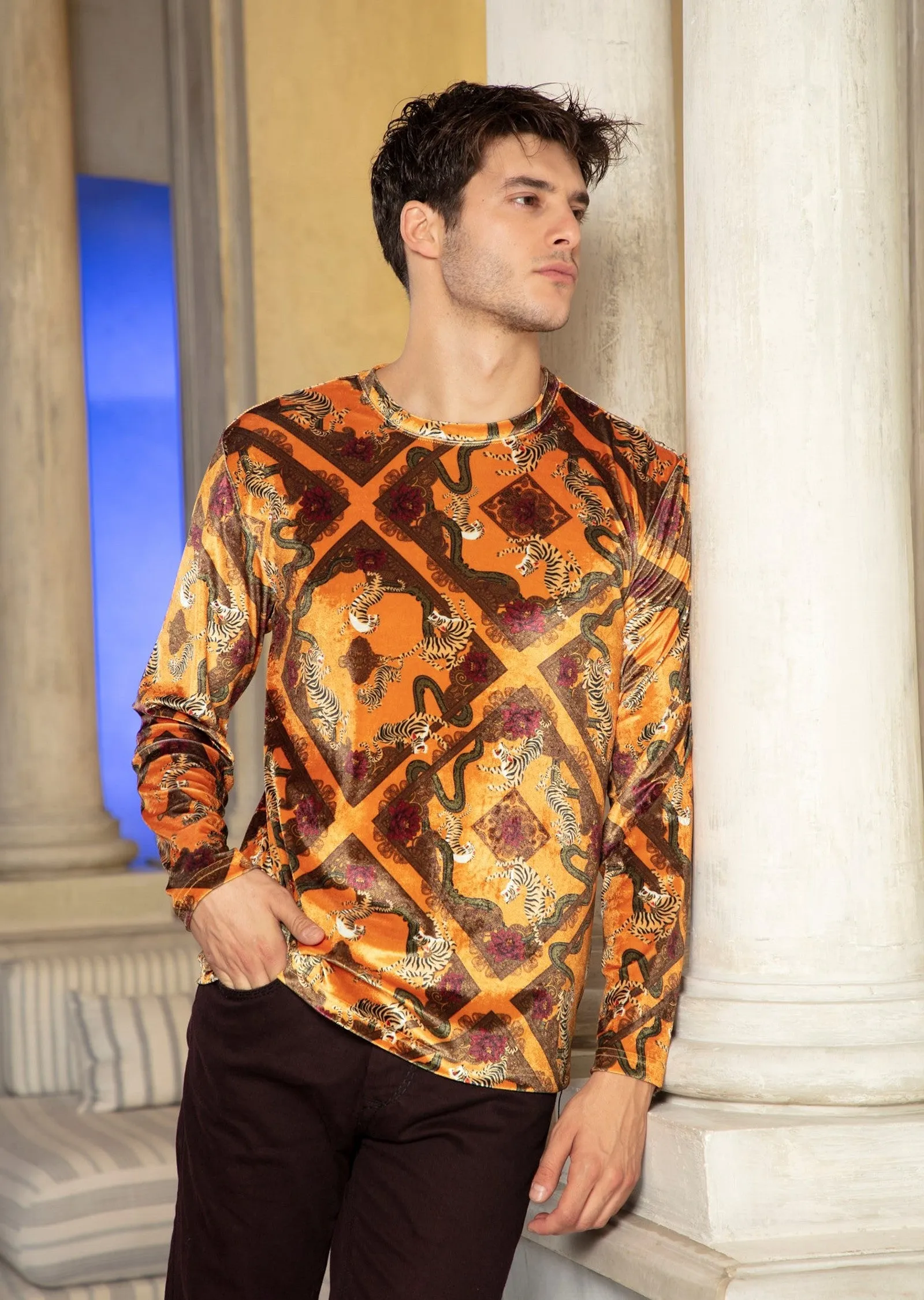 Orange Tiger Print Velour Sweater