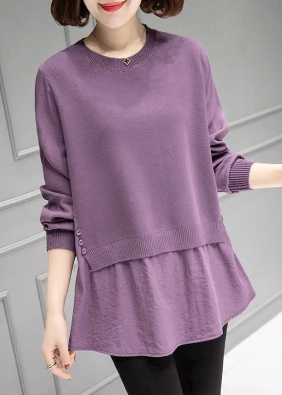 Organic Purple O-Neck Patchwork Thick Knit Sweater Fall HA1010