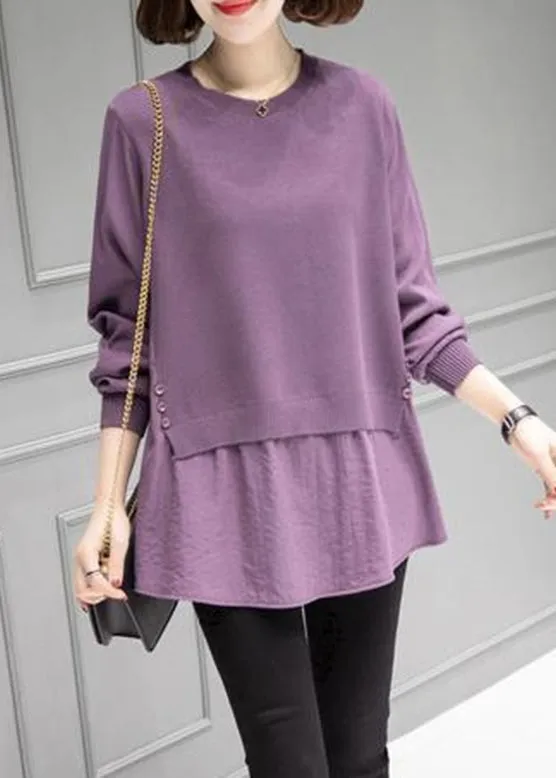 Organic Purple O-Neck Patchwork Thick Knit Sweater Fall HA1010