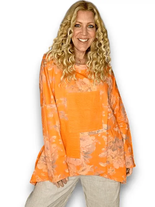 PATCHWORK COTTON SWEATER LINEN SCARLETT ROSE MANDARINE