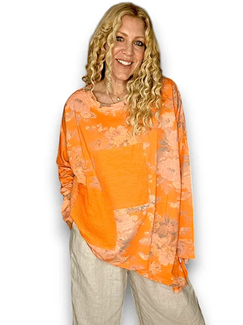 PATCHWORK COTTON SWEATER LINEN SCARLETT ROSE MANDARINE