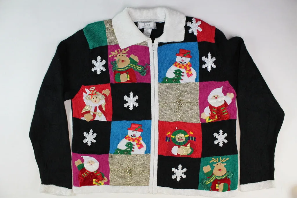 Patchwork design with Santas, reindeer, Large Size. Christmas Sweater