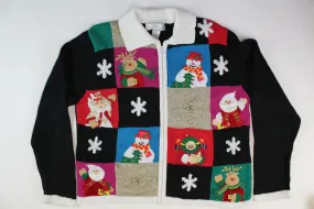Patchwork design with Santas, reindeer, Large Size. Christmas Sweater