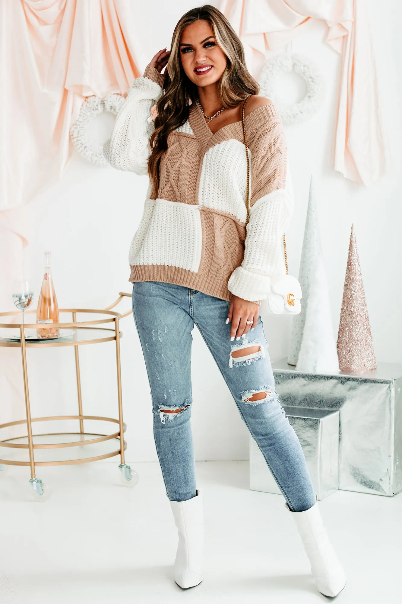 Patchwork Promise Two-Tone Patch Work Sweater (Cream/Taupe)
