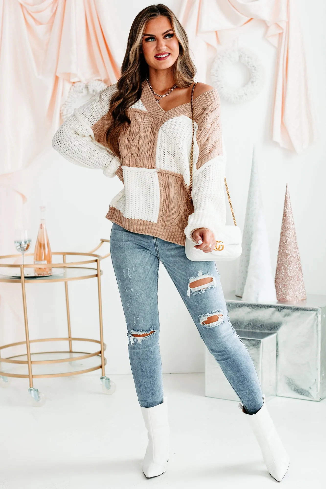 Patchwork Promise Two-Tone Patch Work Sweater (Cream/Taupe)