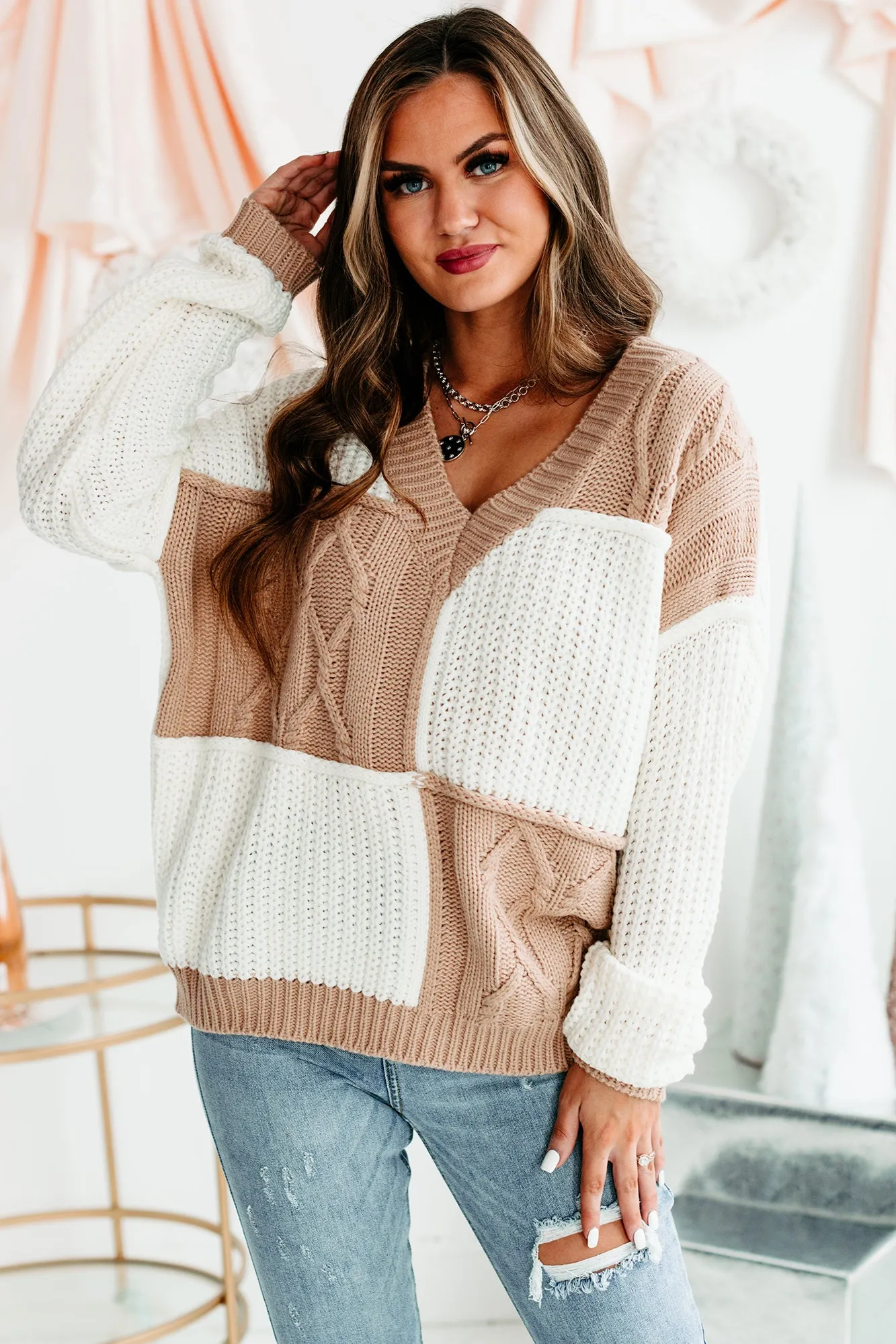 Patchwork Promise Two-Tone Patch Work Sweater (Cream/Taupe)