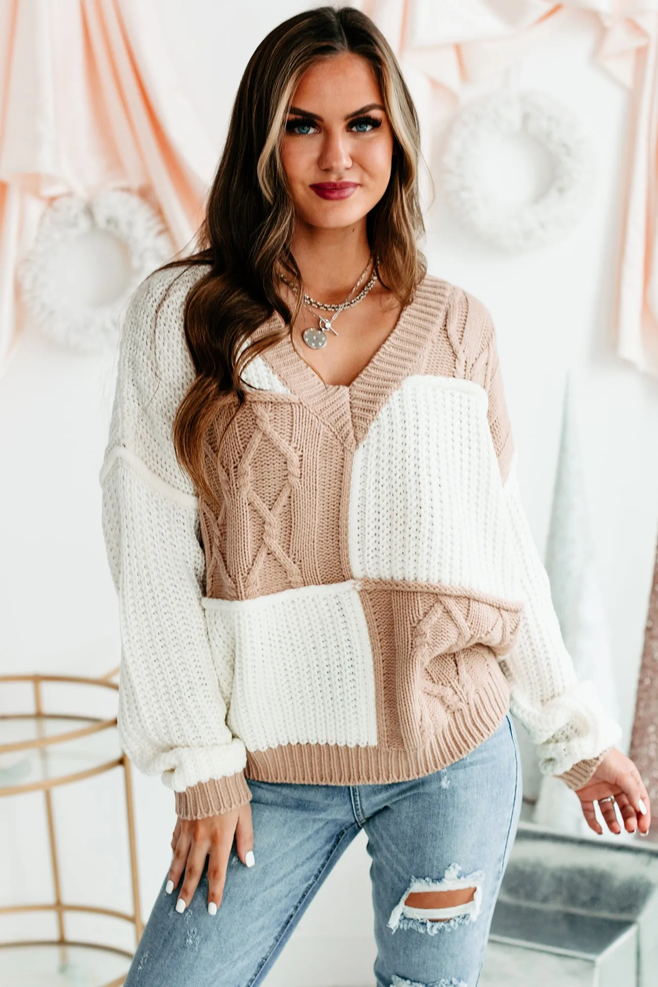 Patchwork Promise Two-Tone Patch Work Sweater (Cream/Taupe)
