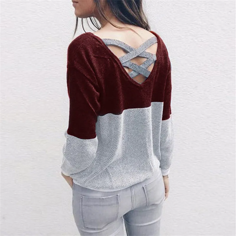 Patchwork Scoop Open Back Strap Cross Women Pullover Sweater