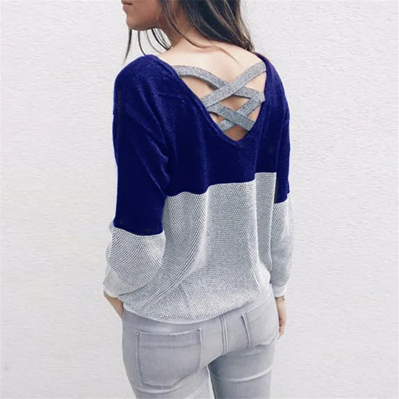 Patchwork Scoop Open Back Strap Cross Women Pullover Sweater