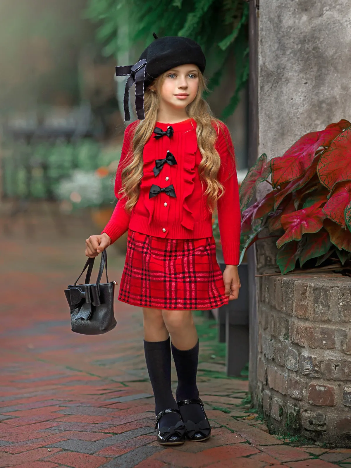 Pearled and Fab Ruffled Sweater and Plaid Skirt Set