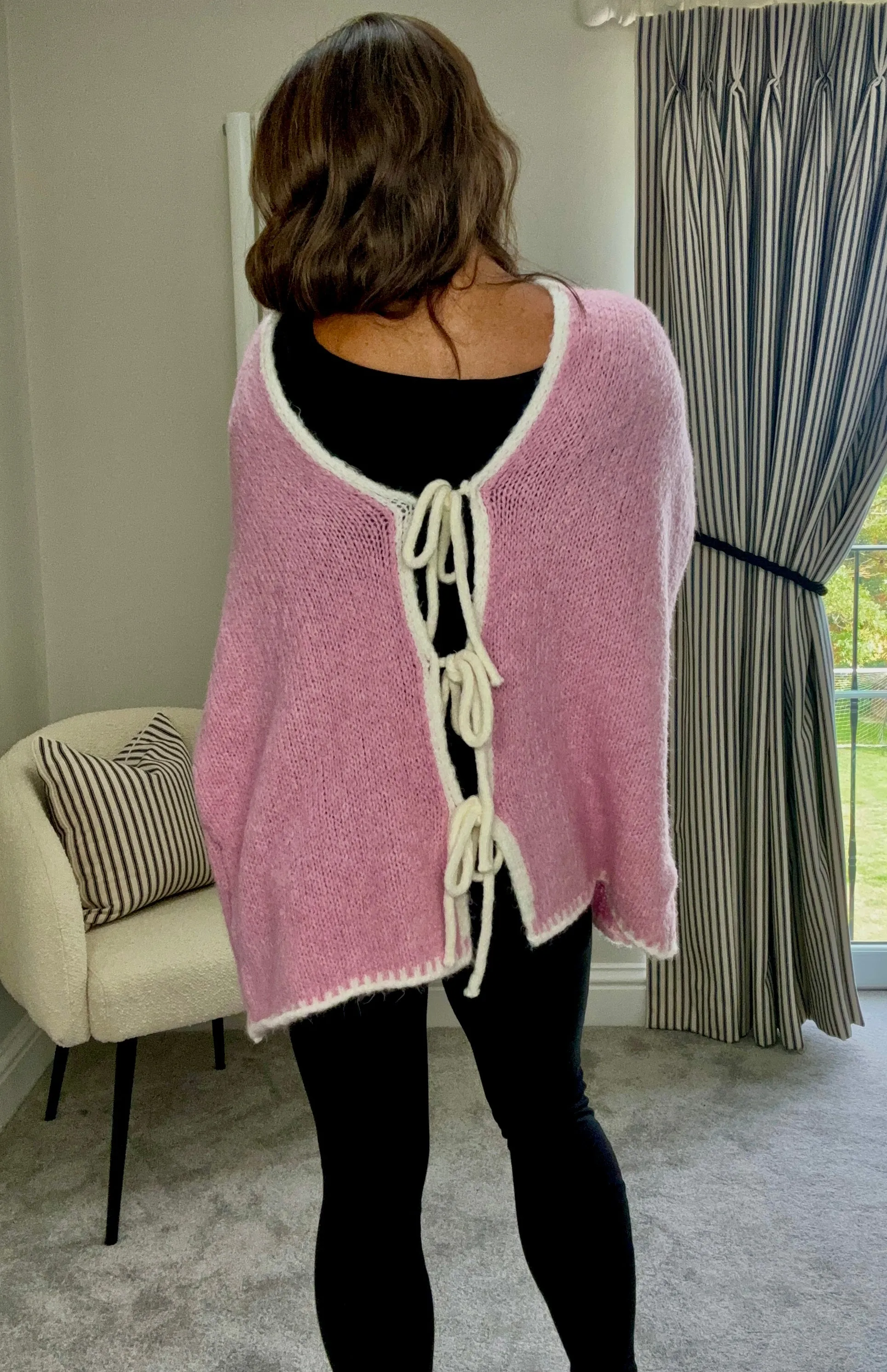 PINK CONTRAST BOW TIE CARDIGAN