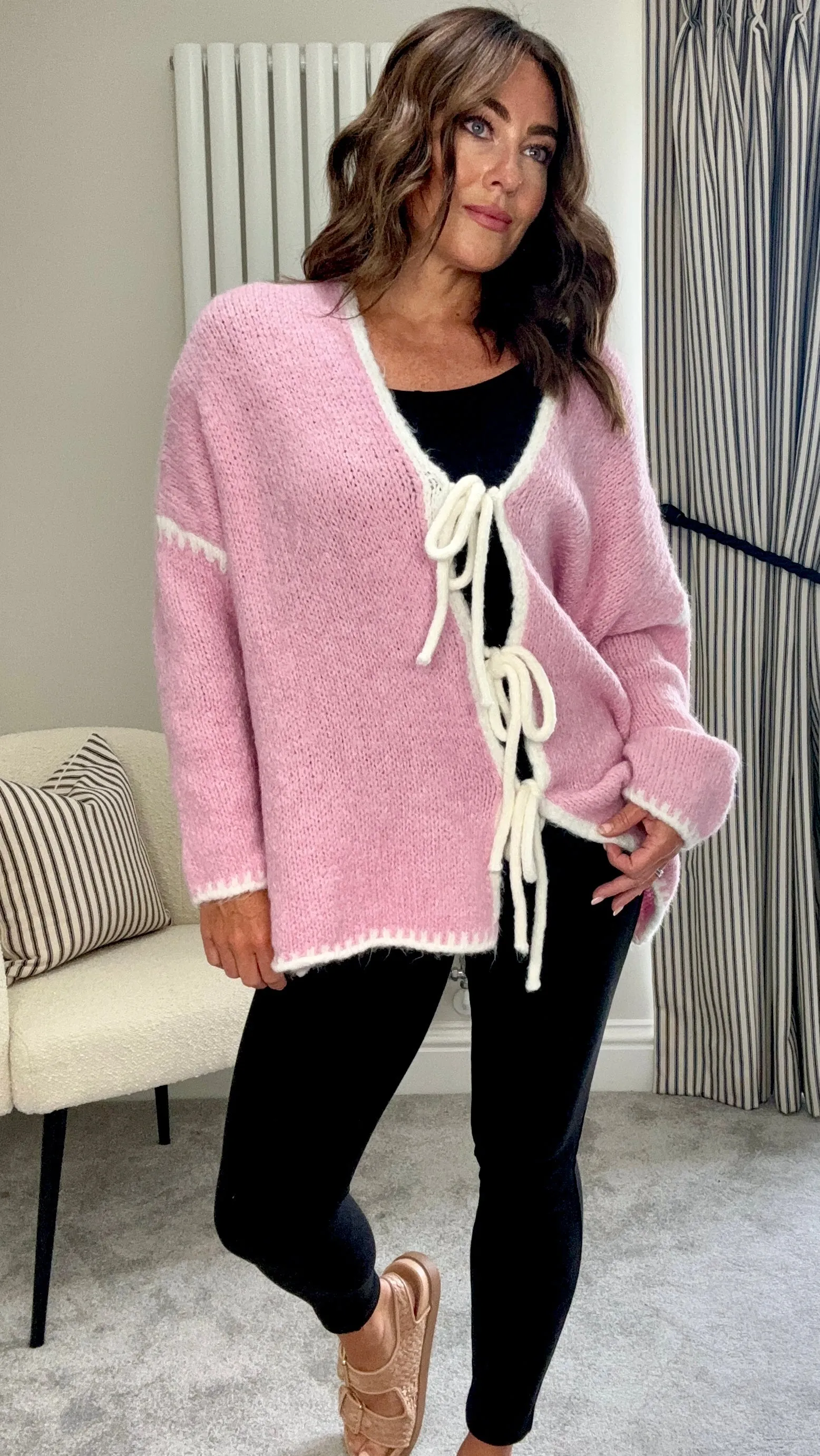 PINK CONTRAST BOW TIE CARDIGAN