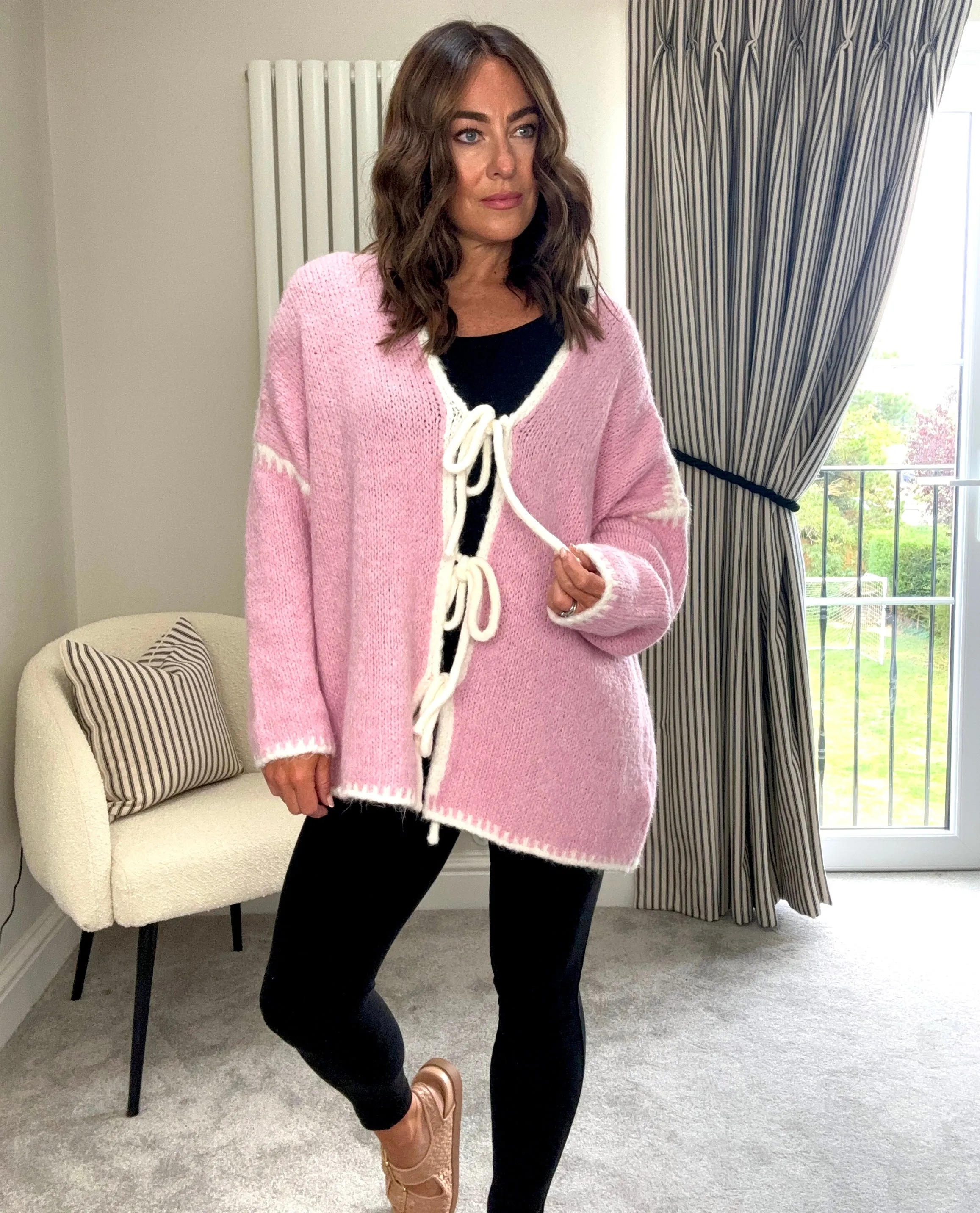 PINK CONTRAST BOW TIE CARDIGAN