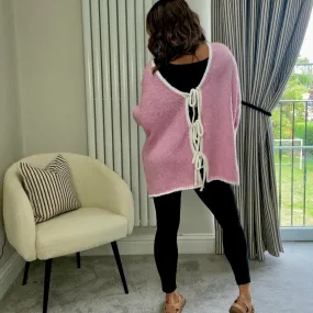 PINK CONTRAST BOW TIE CARDIGAN