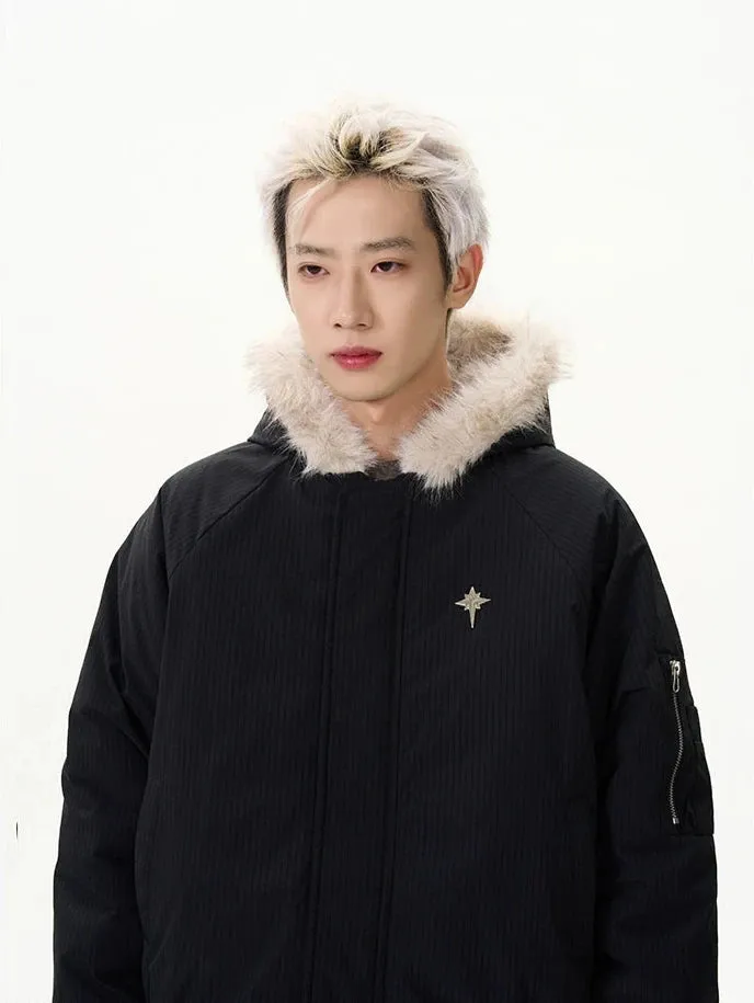 Pinstripe Bomber Jacket with Faux Fur Collar