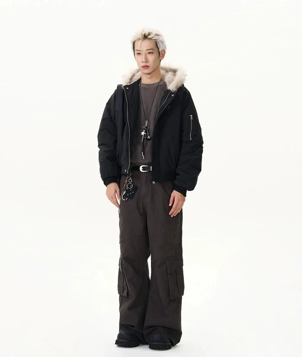 Pinstripe Bomber Jacket with Faux Fur Collar