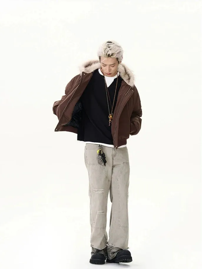 Pinstripe Bomber Jacket with Faux Fur Collar