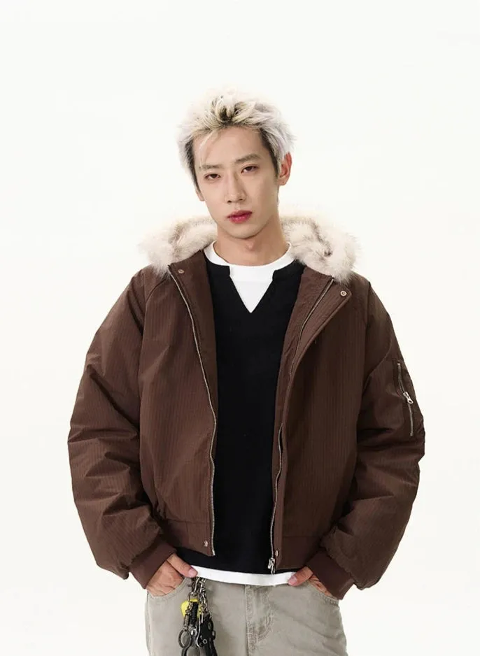 Pinstripe Bomber Jacket with Faux Fur Collar