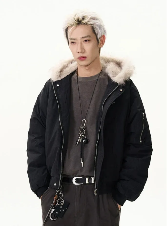 Pinstripe Bomber Jacket with Faux Fur Collar