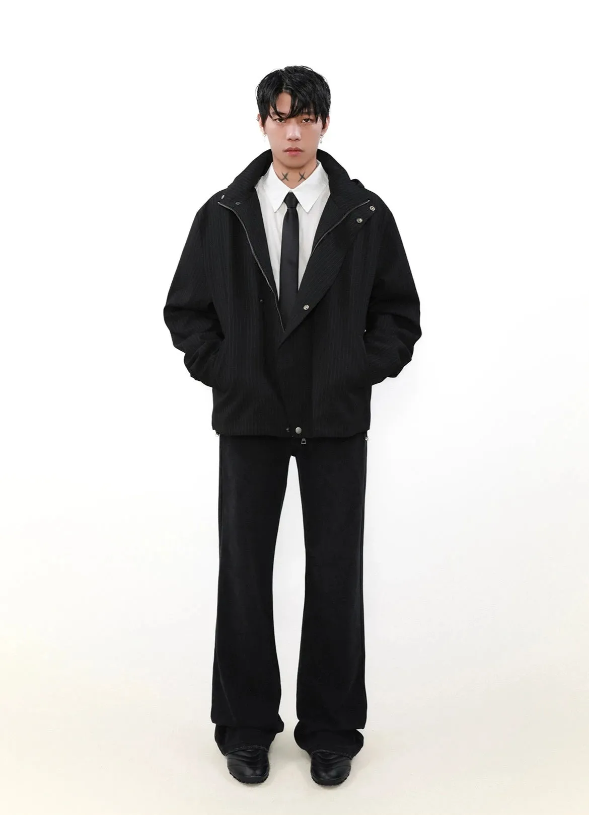Pinstripe Hooded Zip Jacket with Snap Button Closure