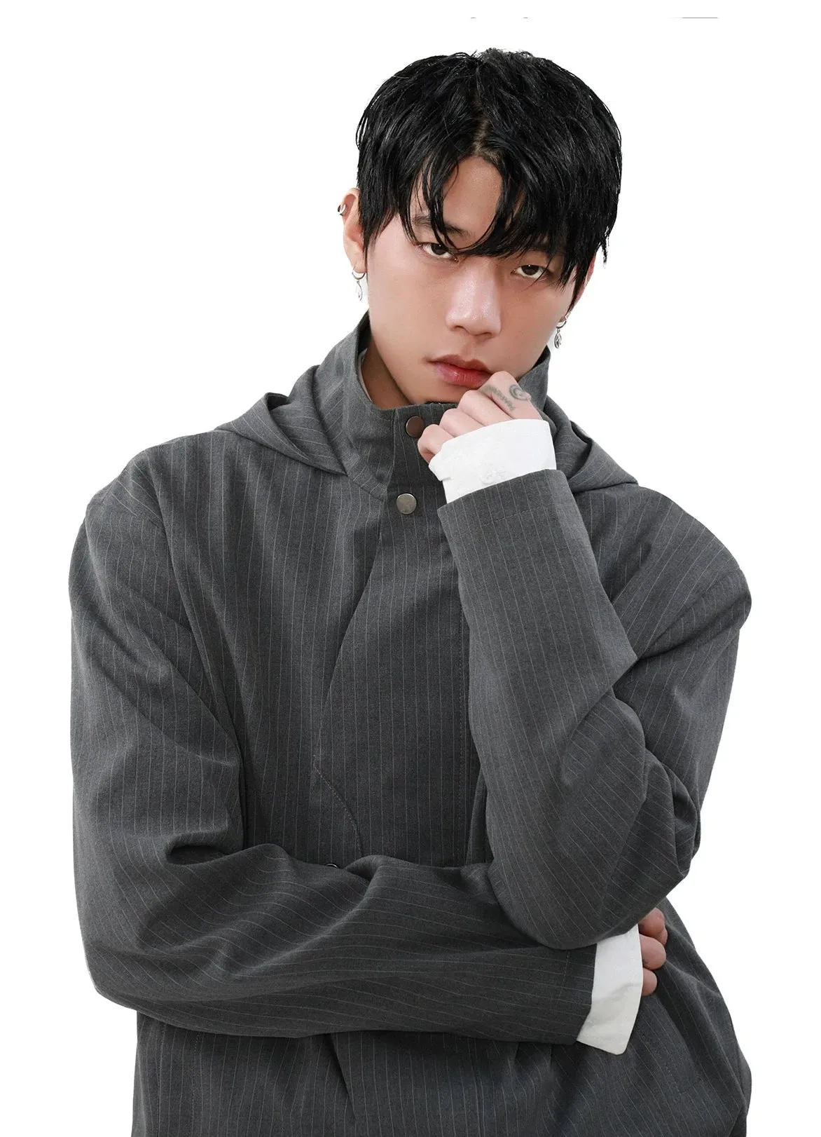 Pinstripe Hooded Zip Jacket with Snap Button Closure