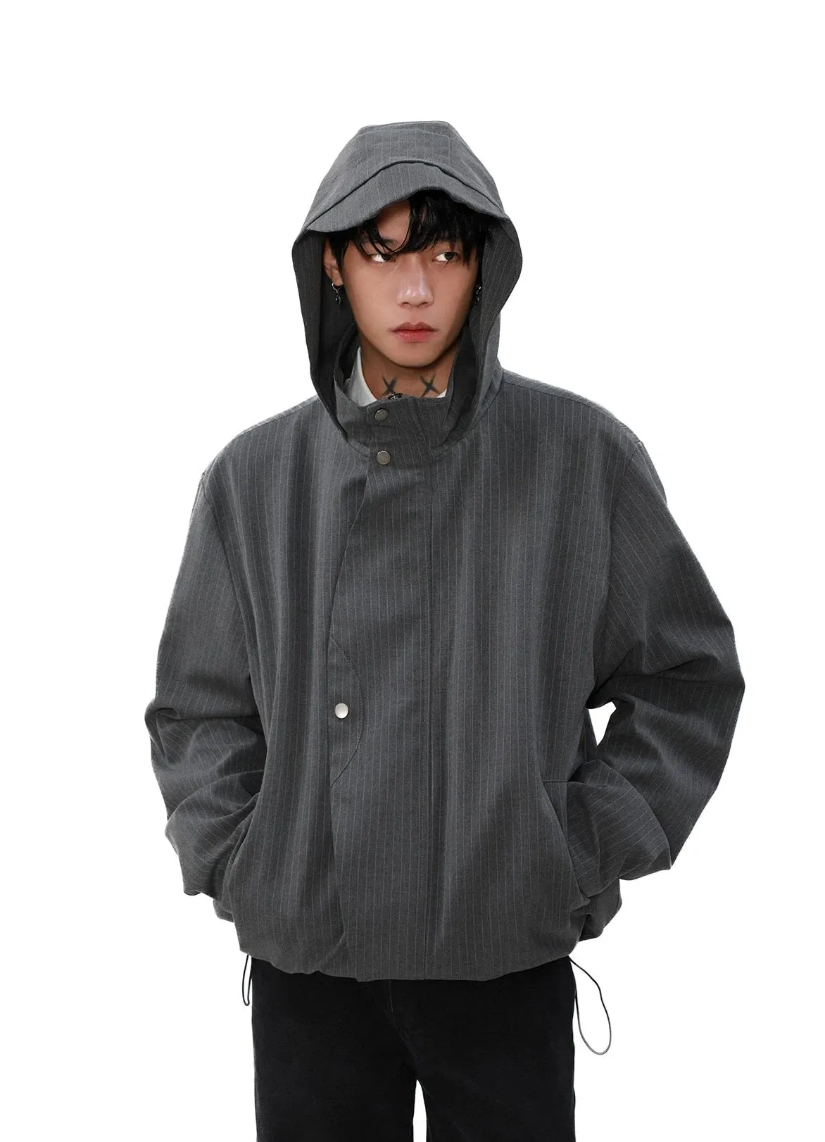 Pinstripe Hooded Zip Jacket with Snap Button Closure